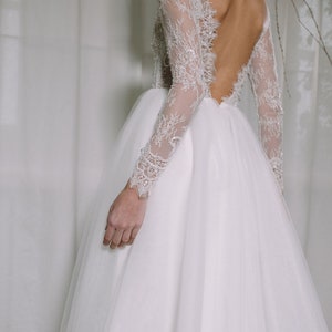 Backless wedding dress, Beaded wedding dress, Long sleeve wedding dress, Embroidered wedding dress, Tulle skirt 0225 image 8