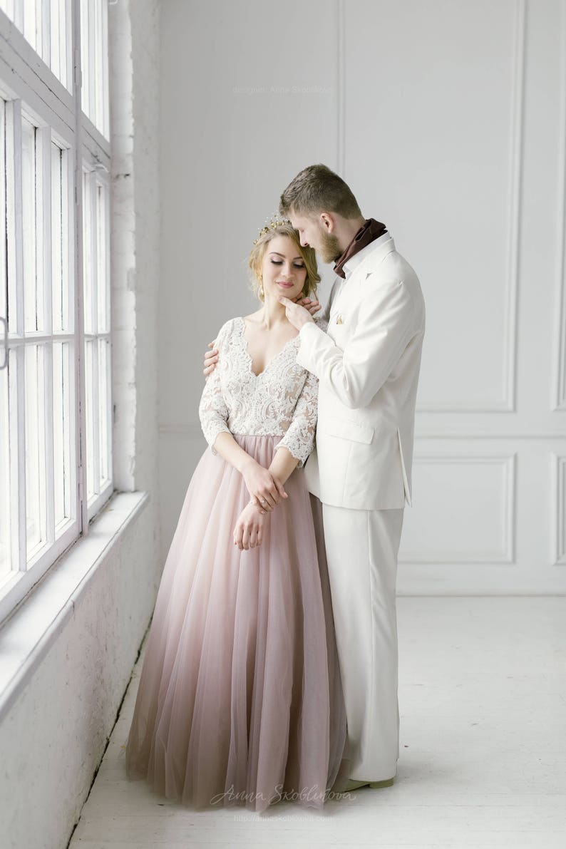 Plus size wedding dress, Blush wedding dress, Pink wedding dress, long sleeve wedding dress, tulle custom wedding dress 2019 / 0079 image 4