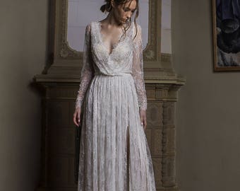 Long sleeve wedding dress, Sheath wedding dress, Sexy Lace wedding dress, Backless wedding dress, Silk Boho Bohemian wedding dress 0096