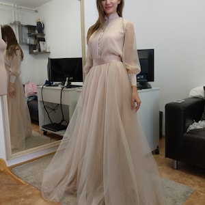 Vintage wedding dress from natural silk and blush tulle skirt. Victorian wedding dress, summer wedding dress, simple wedding dress 0134 Custom Color