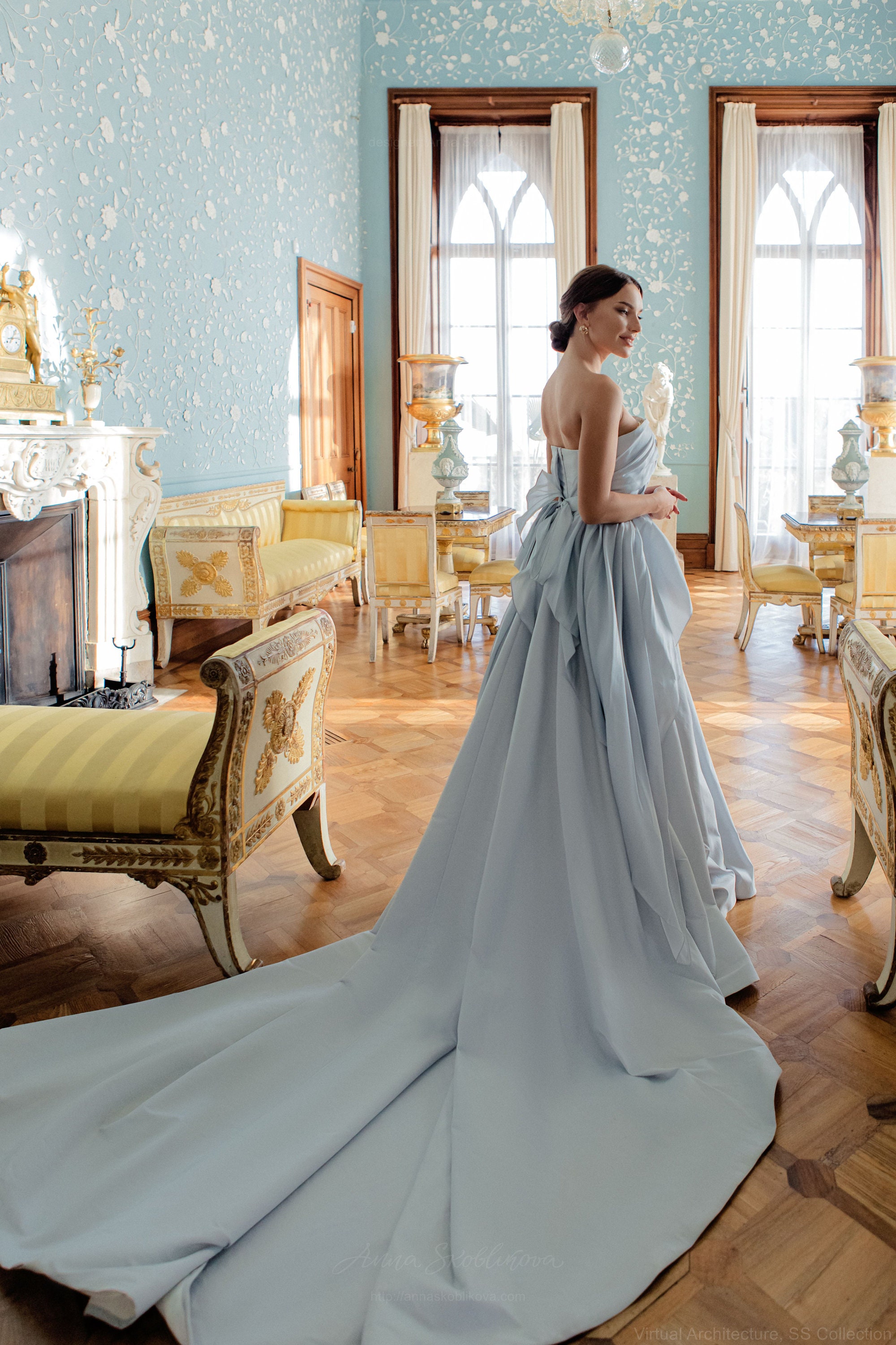 blue silk wedding dress Elegant Dusty Organza This gorgeous flowy maxi BOGO Costumes Navy Blue Dress Blue Neck Size:15