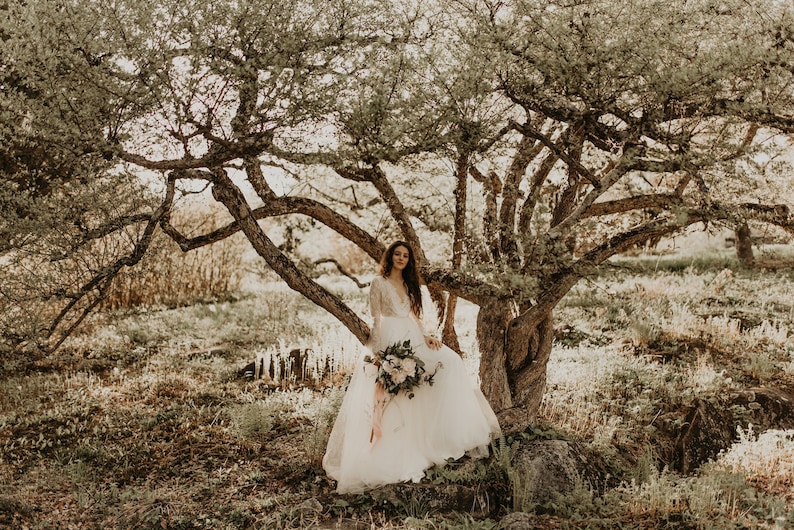 Backless wedding dress, Beaded wedding dress, Long sleeve wedding dress, Embroidered wedding dress, Tulle skirt 0225 image 6