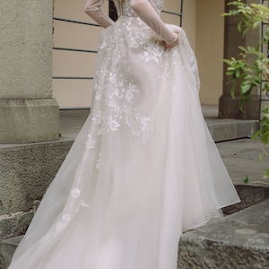 Fairy wedding dress made of natural silk with illusion sleeves, flowy wedding dress, Royal wedding dress, Оrganza Floral wedding dress 0168 image 7