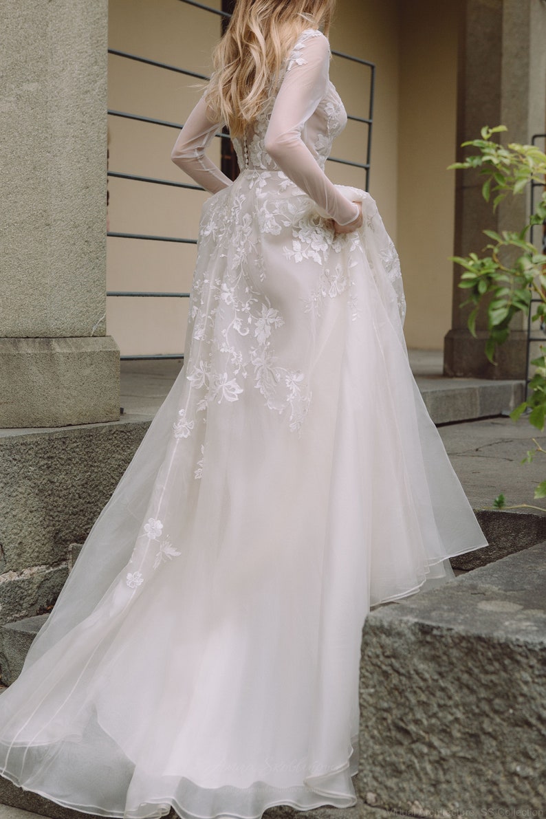 Fairy wedding dress made of natural silk with illusion sleeves, flowy wedding dress, Royal wedding dress, Оrganza Floral wedding dress 0168 image 7