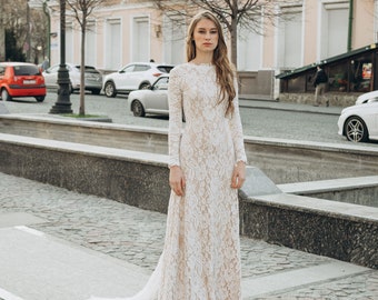 One-Piece fit and flare lace wedding dress with long sleeves, full lace simple wedding dress, modest wedding gown, modest wedding dress 0211