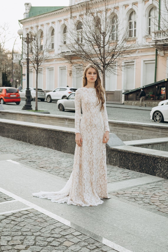 Buy Elegant Long Sleeve Lace Wedding Dress  One-piece Modest Fit and Flare  Gown (0211) Online in India - Etsy