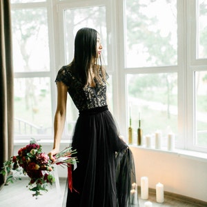 Black wedding dress, Gothic wedding dress, Custom black wedding dress, Lace black wedding dress, Black tulle wedding dress, 0100 image 5