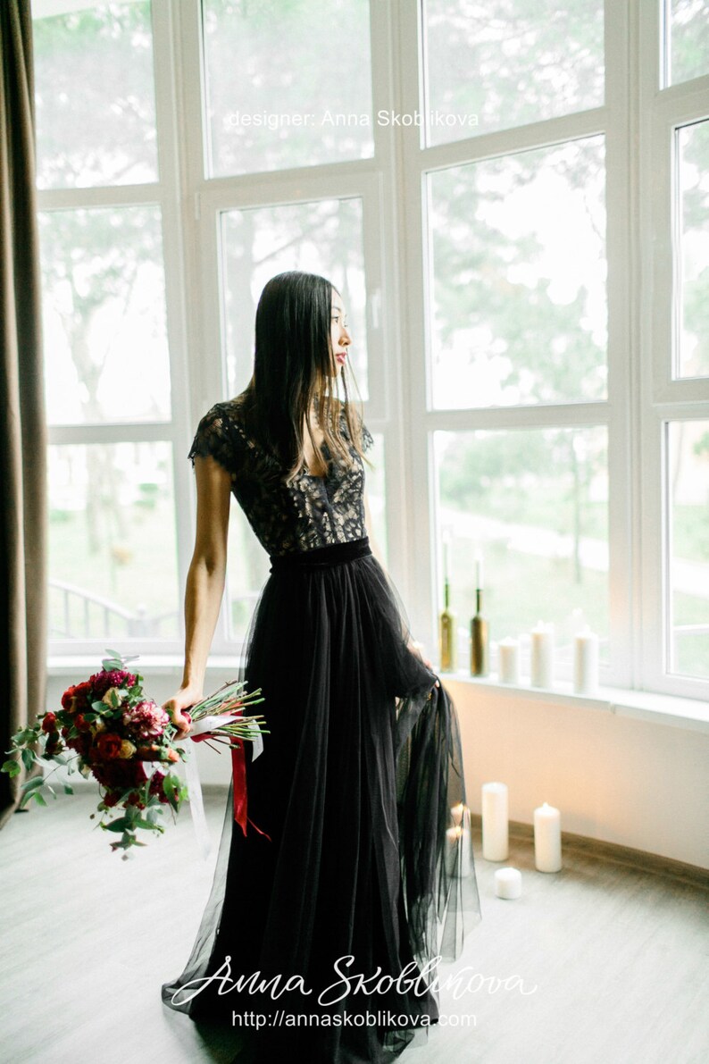 Black wedding dress, Gothic wedding dress, Custom black wedding dress, Lace black wedding dress, Black tulle wedding dress, 0100 image 5