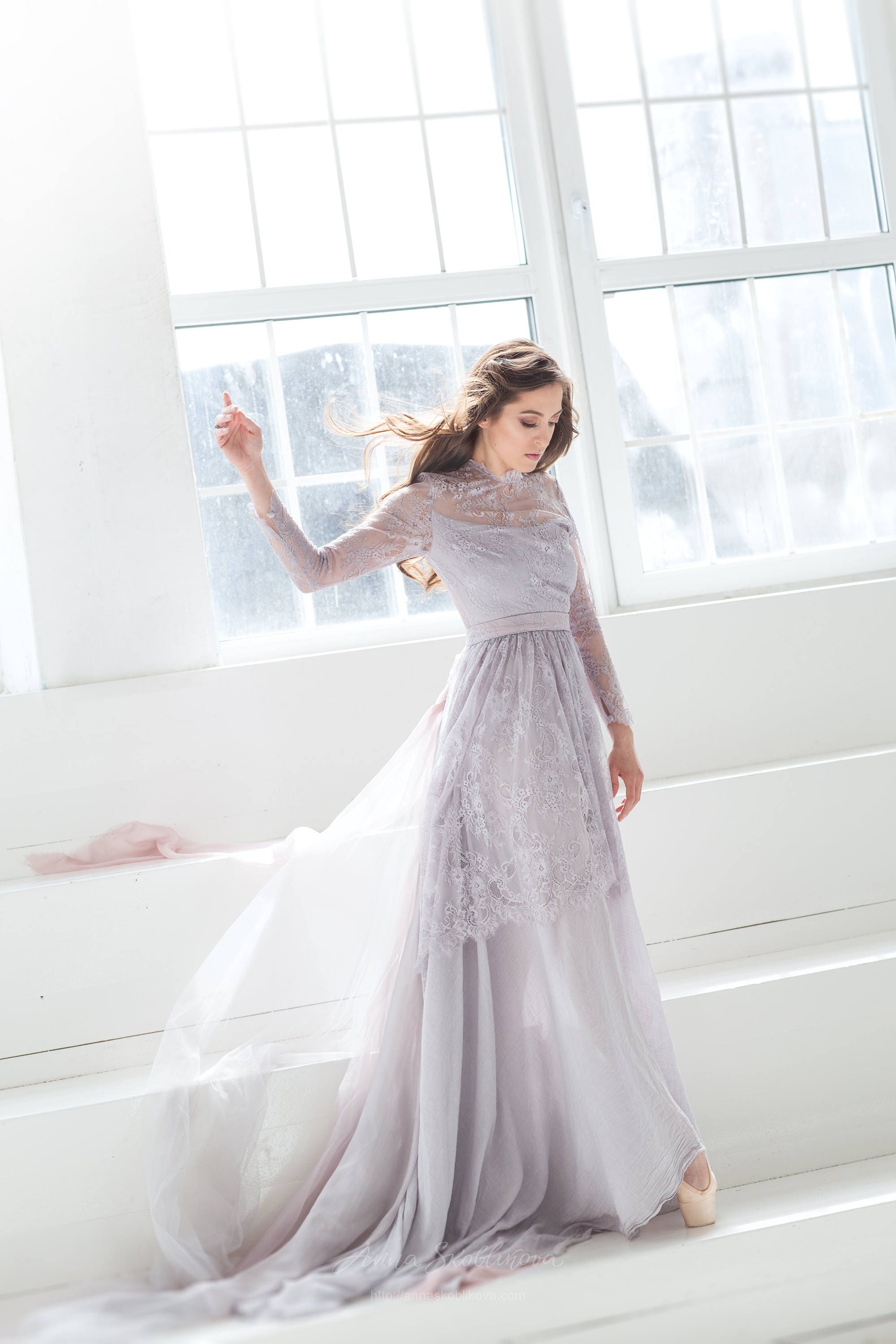 Gray Lace Long Sleeve Dress