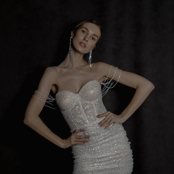Sparkly short bridal gown - Susan, off shoulder mini dress, bridal mini dress, sequin sparkly wedding dress, short white wedding dress 0199