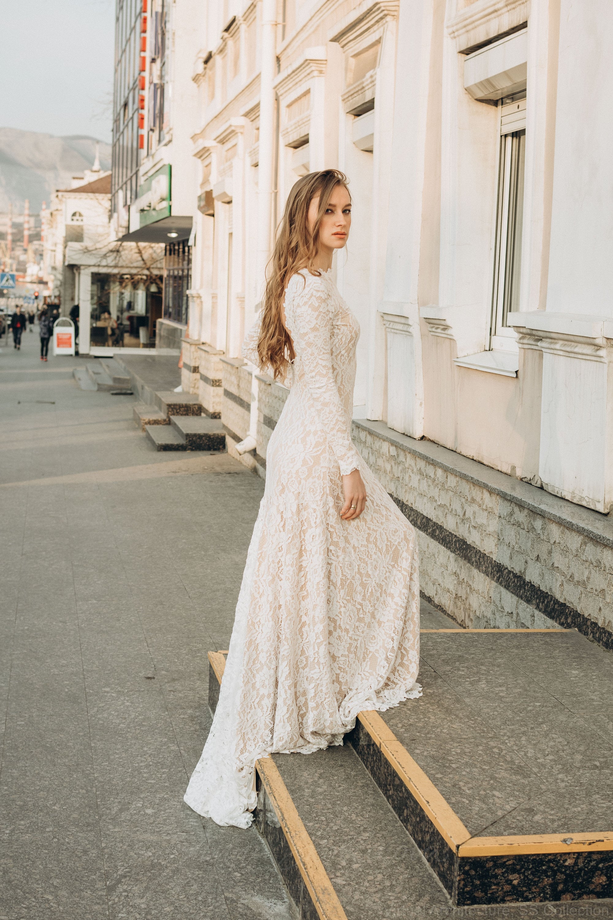 long sleeve fit and flare wedding dress Long Sleeve Lace Fit-and-Flare Wedding Dress with 3D Florals