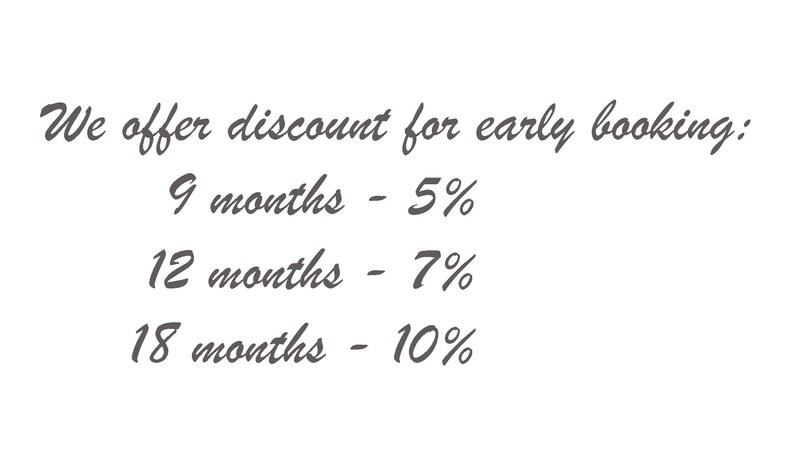 Puede incluir: Texto que dice "Ofrecemos descuento por reserva anticipada:" seguido de una lista de descuentos para reservar con 9 meses de antelaci&oacute;n (5%), 12 meses de antelaci&oacute;n (7%) y 18 meses de antelaci&oacute;n (10%).