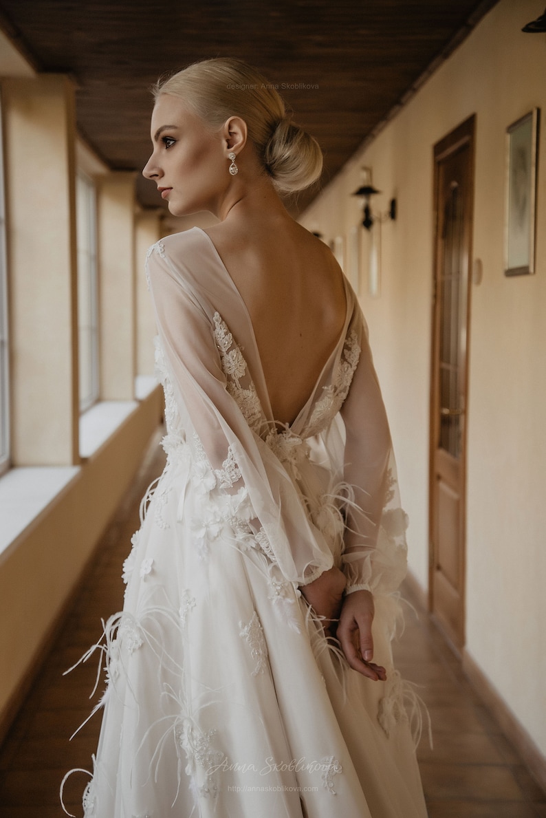 Winter wedding dress with Long sleeve wedding dress, Boho modest wedding dress, A line wedding dress, Backless Fairy wedding dress 0216 image 3