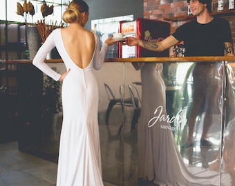 Ivory Jersey Mermaid Wedding Dress – Simple Long Sleeve Gown with Low Open Back (0007)