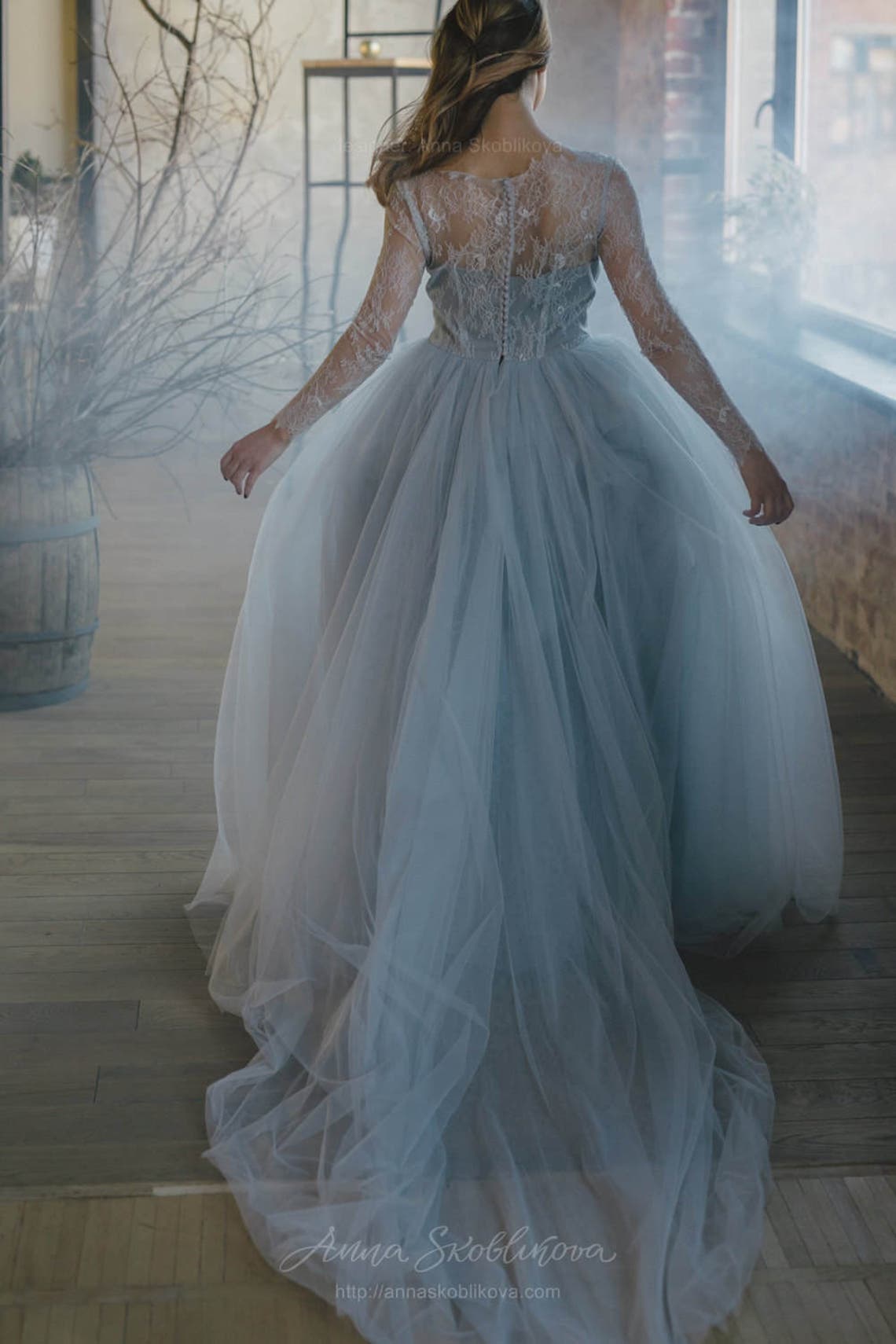 Blue wedding dress Tulle wedding dress Blue lace wedding image 2