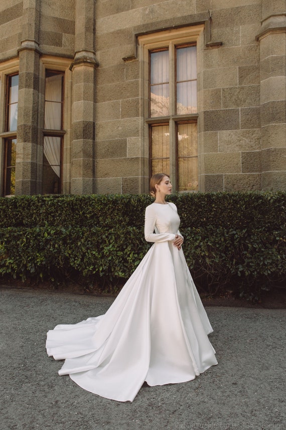 Satin button top back wedding dress