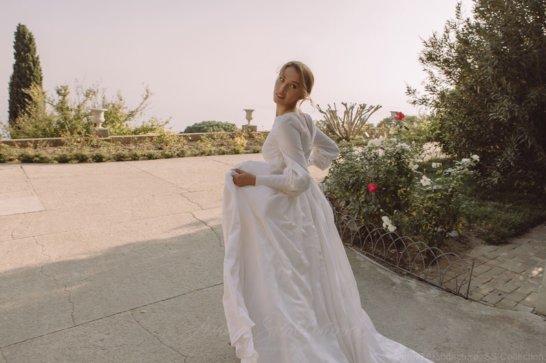 FINAL SALE One Size Only Sample Sale, Sale wedding dress, dress for sale, cowl back wedding dress bishop puffy sleeves wedding dress 0180 image 8