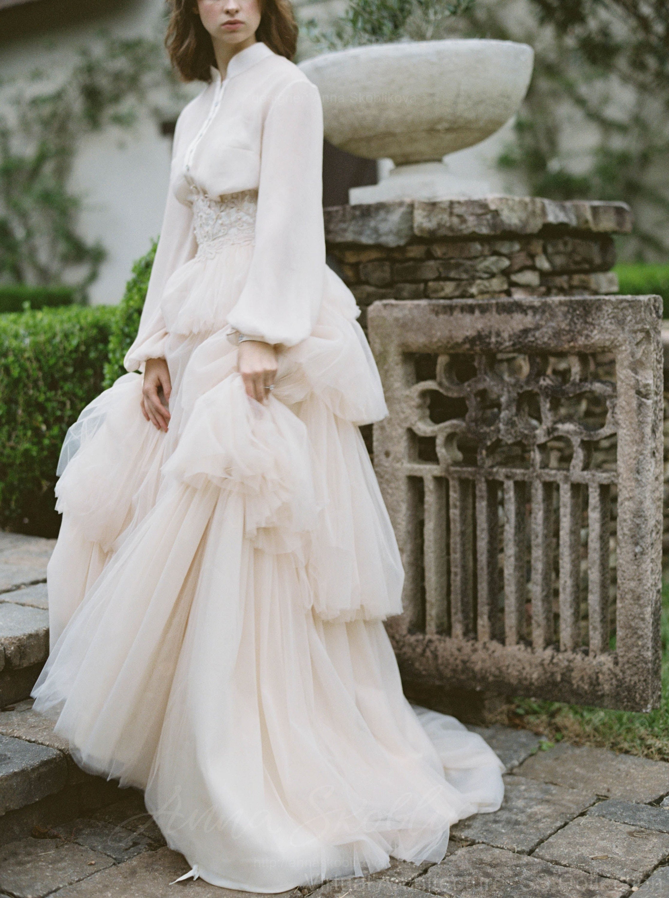 layered wedding dresses for sale Layered Tulle Unlined Lace Wedding Ball Gown with Deep V-neck Wedding Dresses,MW371