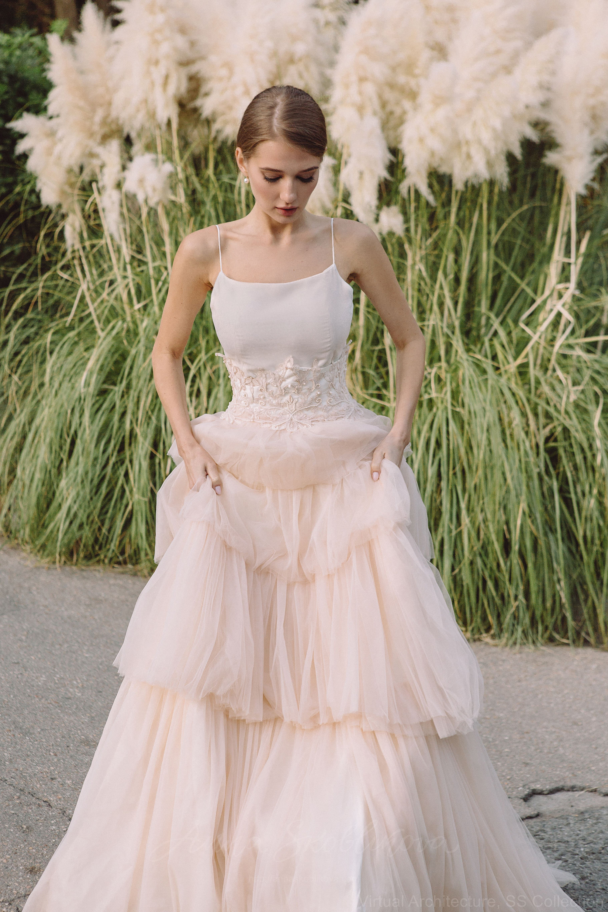 lace layered wedding dress Ivory A-Line Wedding Dress with Pleated Skirt  Layered Tulle Ruffle Dress with Lace Corset Plus Size  RAFFAELLA Size 8