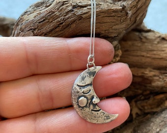 Celestial pendants. Crescent moon silver necklace necklace. Moon face.