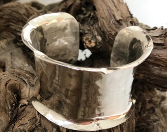 Statement Sterling Silver Cuff Bangle, Handmade Wide Frilled Edge