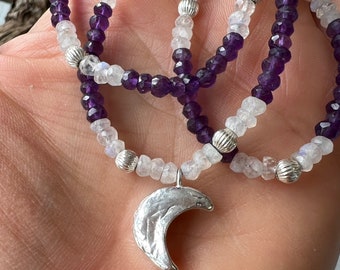 Amethyst & Moonstone beaded moon necklace with Silver moon charm.