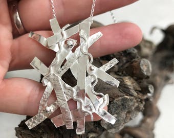 Sterling silver abstract twig necklace, unusual silver art pendant, handmade, one of a kind.