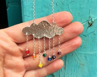 Rainbow necklace, cloud pendant.