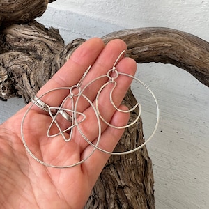 Star and Moon Hoop Earrings - handmade from sterling silver. Big hoops.