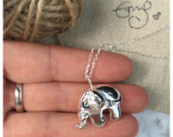 Collar de elefante, colgante de elefante de plata maciza hecho a mano.