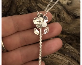 Sterling silver flower necklace, handcrafted silver flower pendant, beautiful silver flower chain.