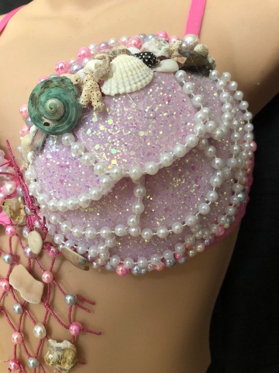 Designer Mermaid Pink Sea Shell Rave Party Padded Bra Top Sz 34b