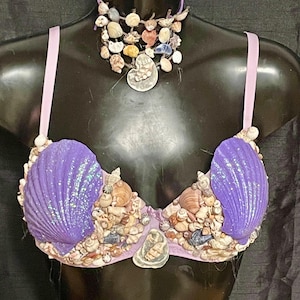 Designer Mermaid purple shell bra top 32D  with matching necklace Unique & Stunning