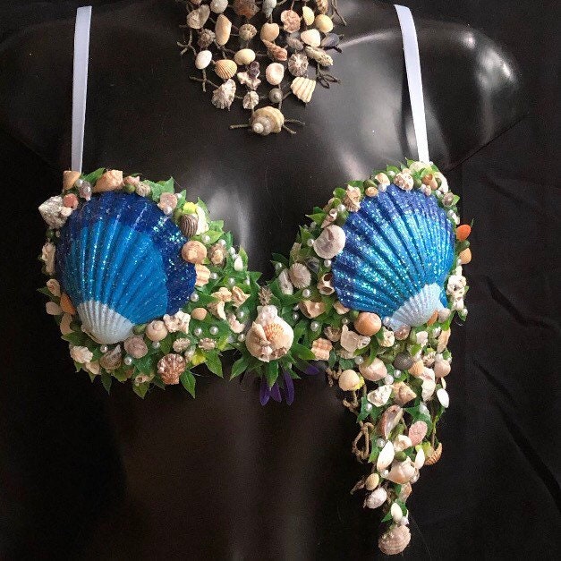 Blue Turquoise Glitter Mermaid Top Bra Gold Chain Halloween