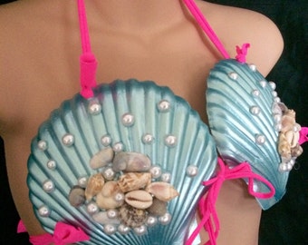 easyforever Sujetador de concha de mar de sirena para mujer, parte superior  de malla transparente