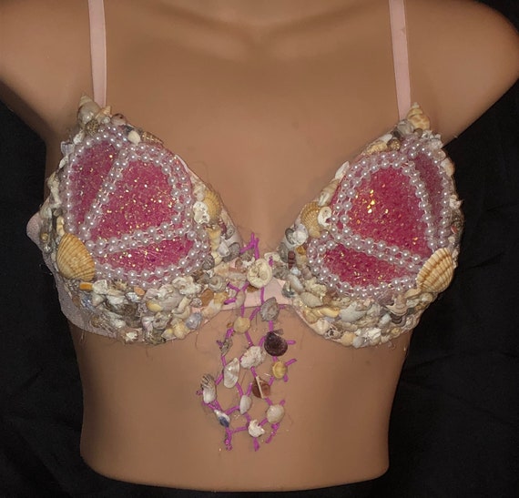 Designer Pink Mermaid Sea Shell Rave Party Padded Bra Top Sz 36c