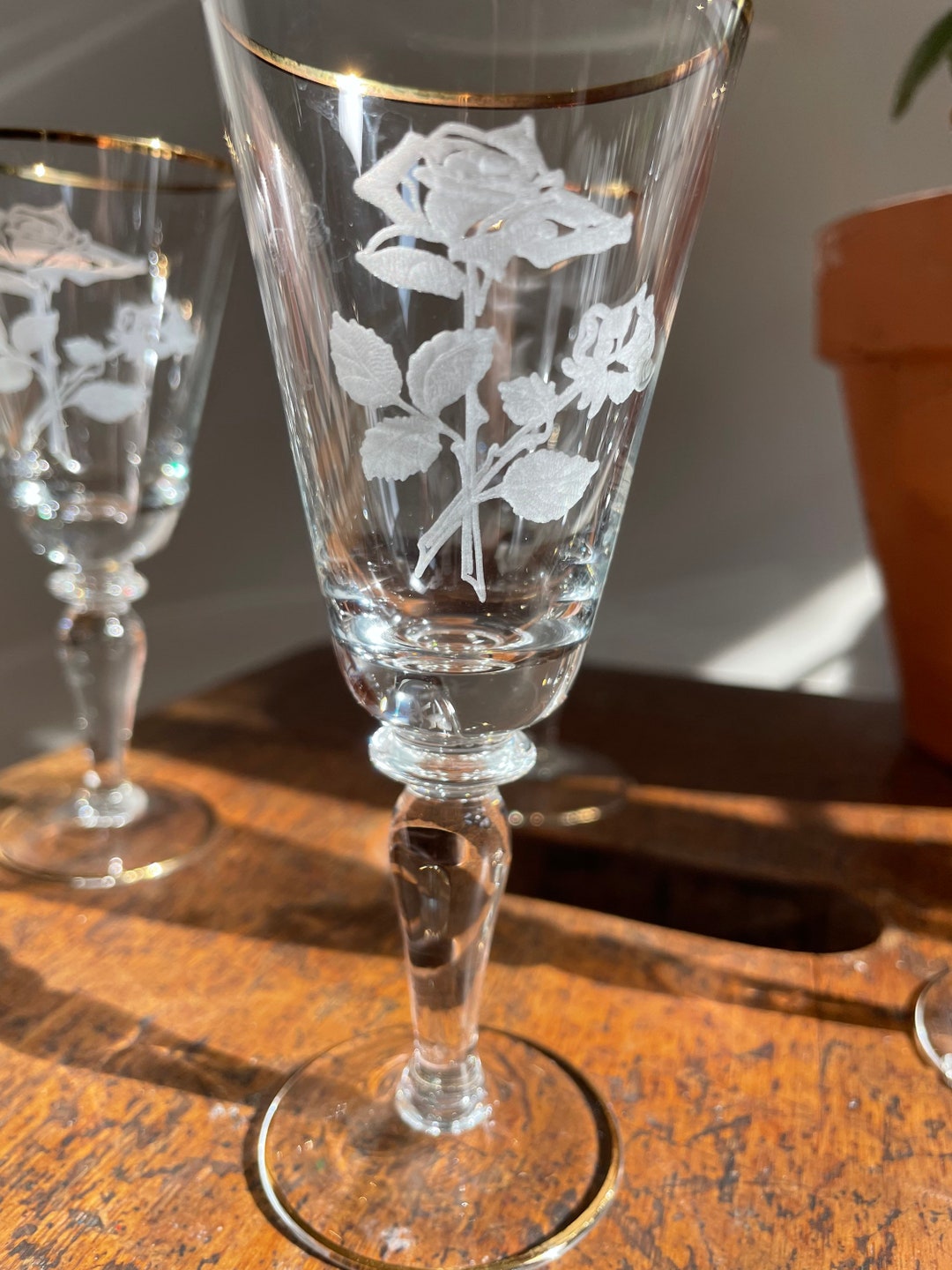 Set of 4 Vintage 1950s Gold Rim Rose Design Wine Glasses - Etsy