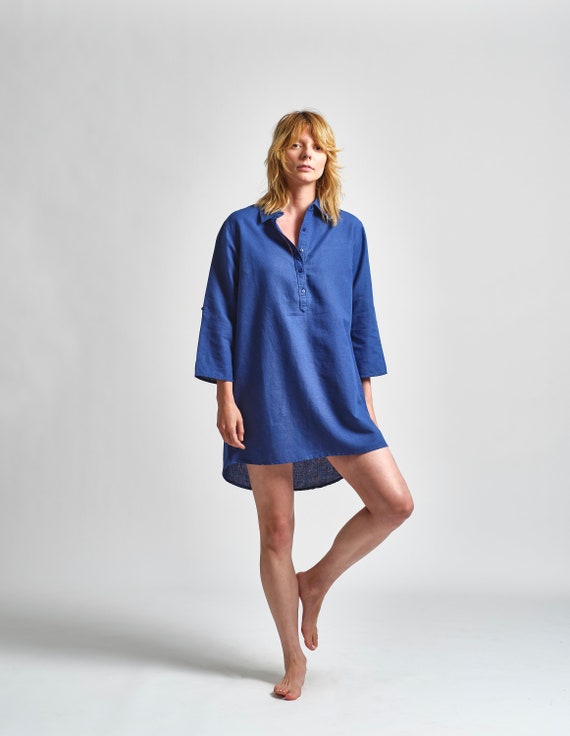 100% Pre Shrunk Linen, 3/4 Sleeve Button Down Shirt Collar Mini Dress -  Etsy Ireland