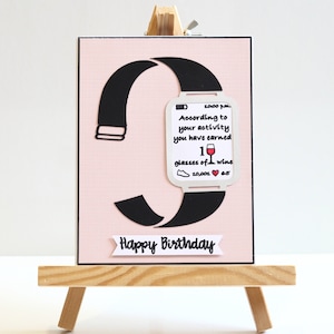Handmade Custom Personalized Fitness Workout Exercise Wine Smart Watch Card, Happy Birthday Card for Fitness and Wine Lover
