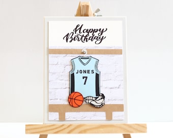 Carte d'anniversaire personnalisée faite main de joueur de basket-ball, carte de basket-ball, carte de basket-ball personnalisée, maillot, carte d'anniversaire personnalisée