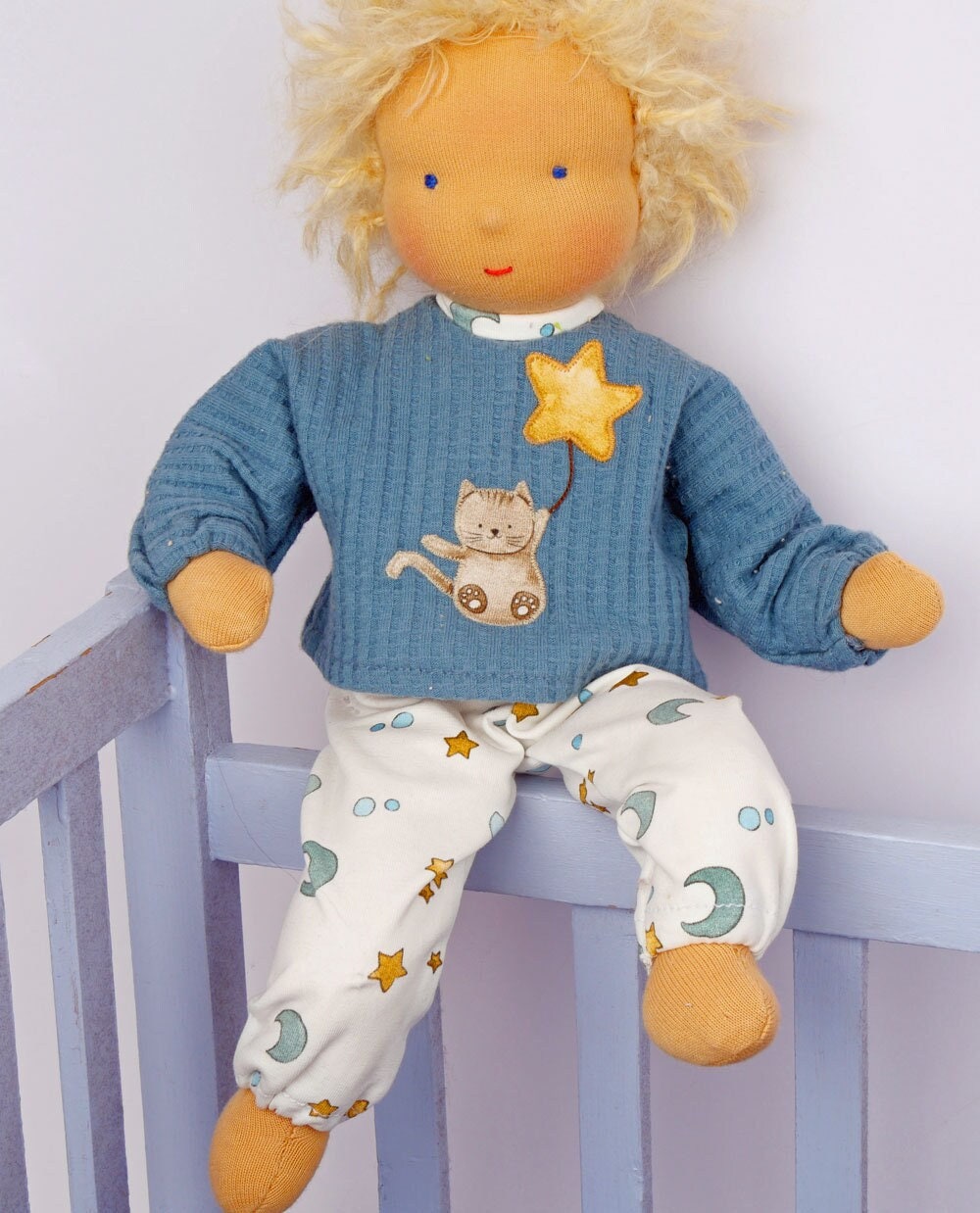 Finished baby doll Ben, 30 cm, Waldorf-style. With clothes, blond hair, and organic sheep's wool filling.