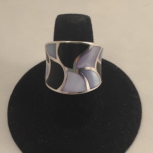 Vintage Silver Onyx and Purple Mother of Pearl Thailand Ring (C2)