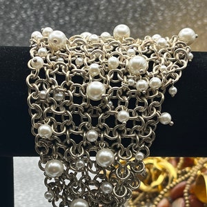 Vintage UNStamped Silver and Faux Pearl Multi-Strand Bracelet (S6)
