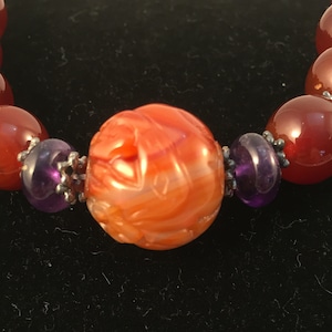 Vintage Carved Carnelian, Amethyst, Silver Beaded Rare Adjustable Bracelet (S6)