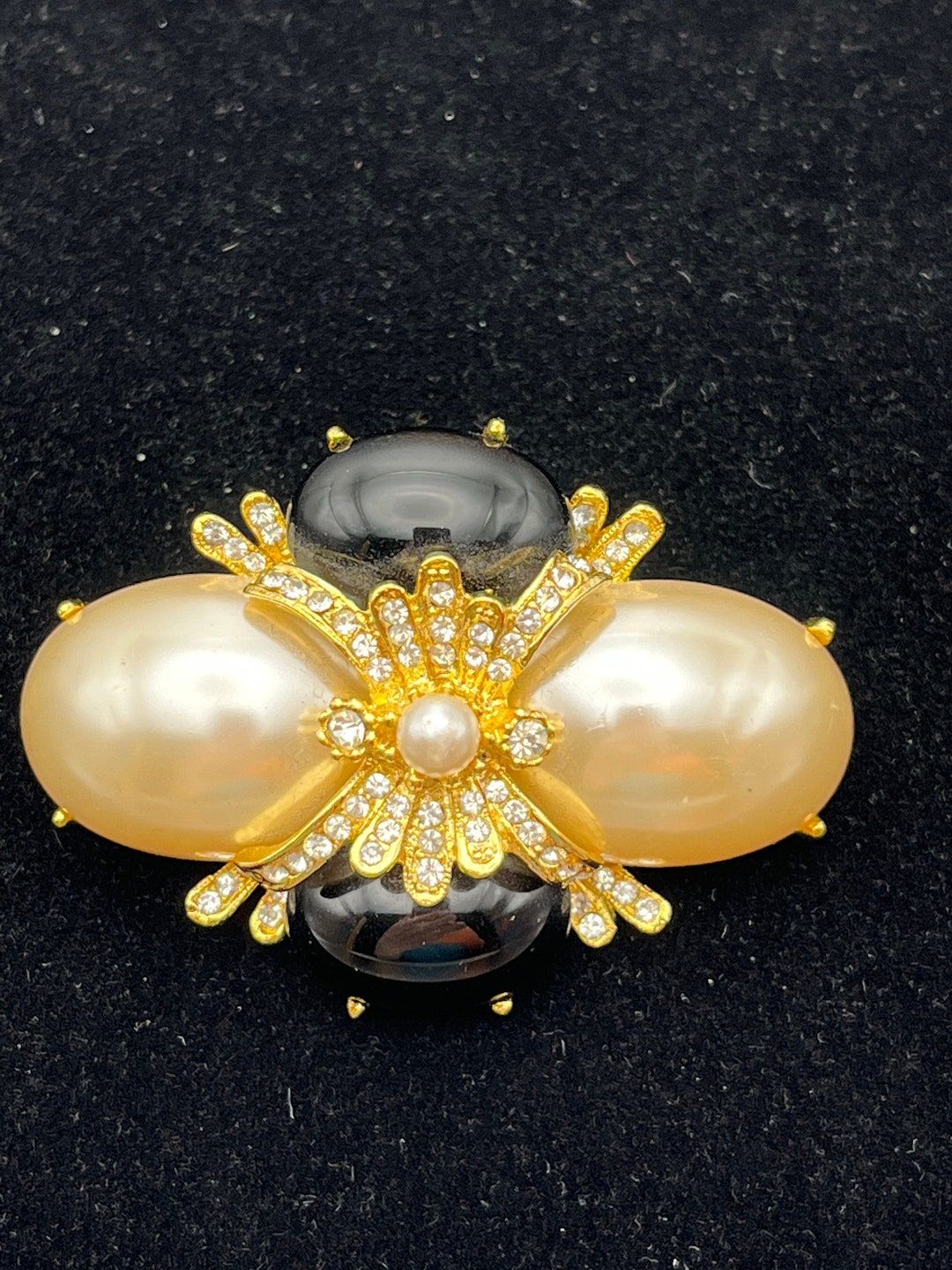 Joan Rivers Signed Grey Faux Pearl (Gold and Black) Brooch Vintage Signed Joan Rivers Faux Pearl & Black Enamel  main image 3