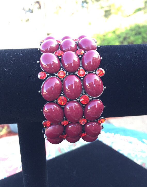 Vintage Joan Rivers Red Cabochon and Crystal Stret