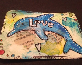 Original Painting Mixed Media ATC ACEO Art Card Dolphin