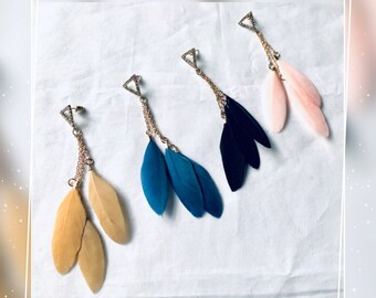 Boho Tribe Style Triple Feather Earrings; DreamCatcher Feather fringe earrings