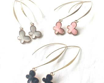 Blush Pink Black White Pearlized Butterfly earring, sculptural hoop earrings, butterfly long drop earrings