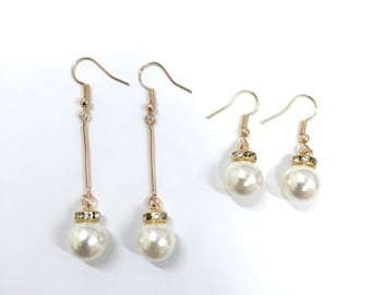 Simple elegant dangle long drop pearl Earrings